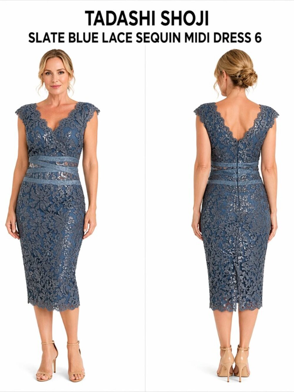 Tadashi Shoji Blue Lace Sequin Midi Dress 6